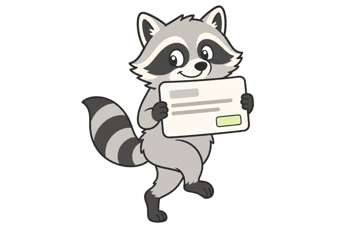 Grabby raccoon mascot making off with a freshly grabbed UI card